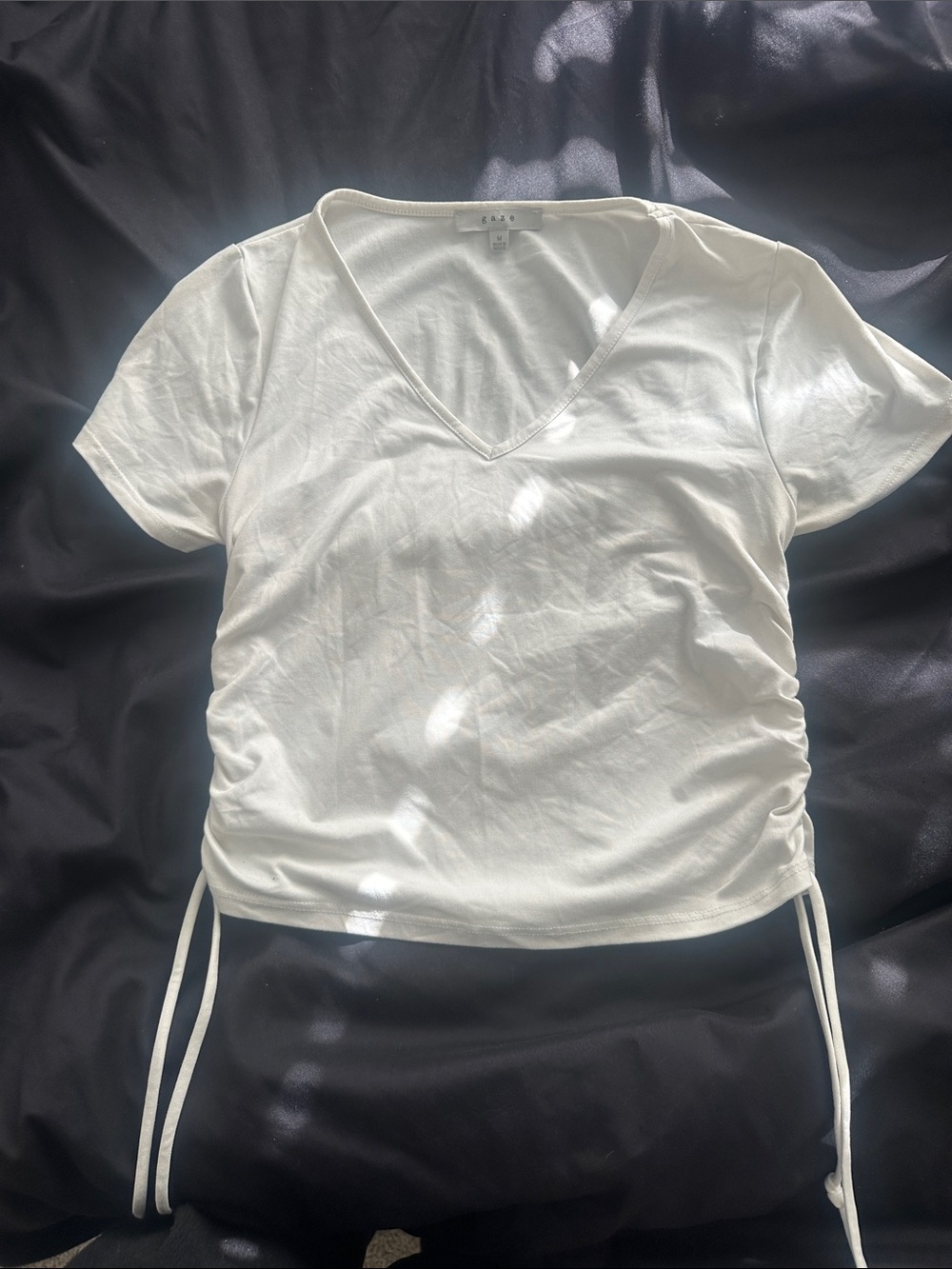 Women's White V-Neck Ruched Side Tie Top
